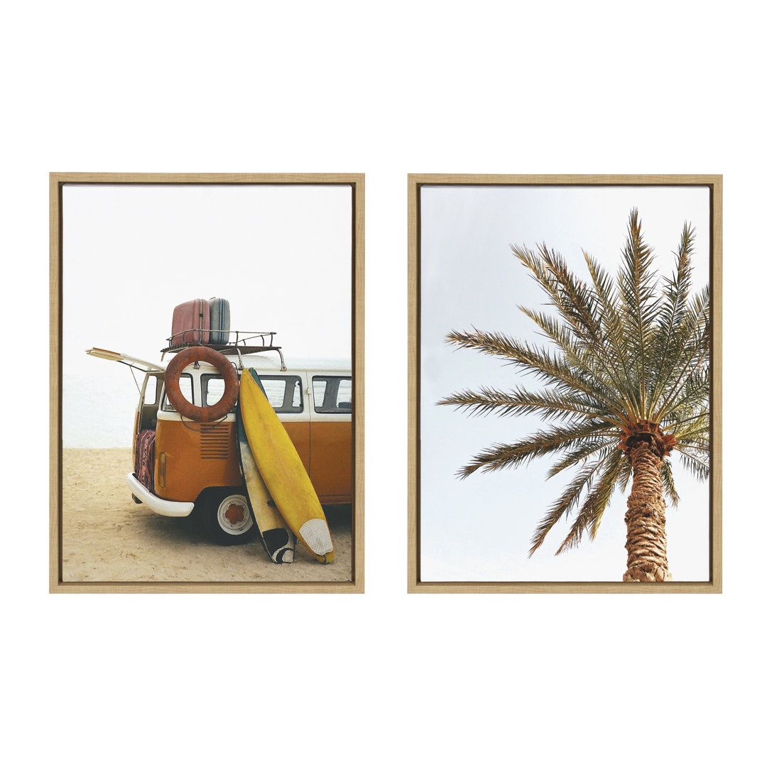 " Surfboard Beach Van And One Palm Tree In Paradise " by The Creative Bunch Studio 2 - Pieces Lark Manor™ Frame