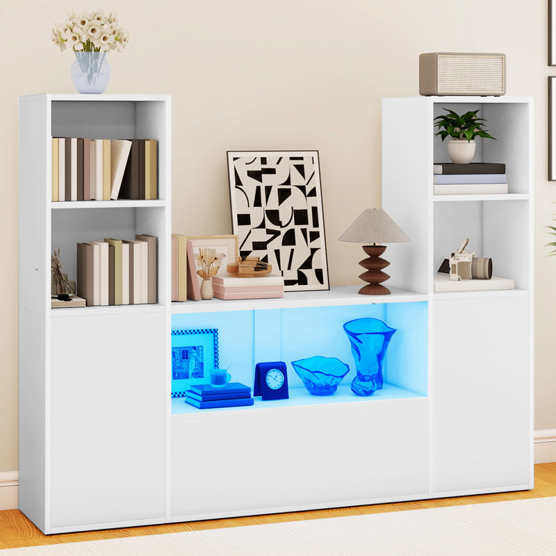  4-Tier U-Shaped Castle Bookcase With LED Lights & Cabinet, White Cube Storage Organizer With Adjustable Shelves