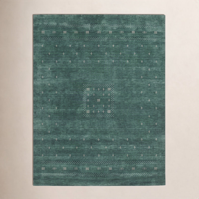 Simi Hand Knotted Cotton/Wool Southwestern Area Rug, Green, Rectangle 8' x 10'