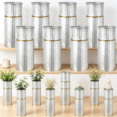 Paquet de 8 bocaux Mason en métal galvanisé de 7,48 pouces pour centres de mariage, vases de style campagnard rustique avec arc en ficelle et bordure dorée pour la décoration de la table