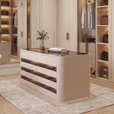 Armoire à bijoux, rangement moderne à dessus en verre avec éclairage DEL de 59,05 po, conception à plusieurs tiroirs rectangulaires
