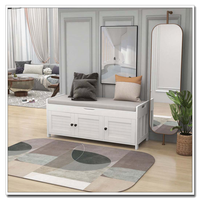 Banc de rangement en bois avec 3 portes en forme de volet, Blanc