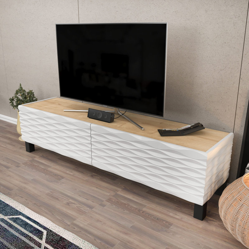 Meuble télé moderne avec motif géométrique 58,7 po x 13,8 po x 15,0 po | 100% panneau de particules enduit de mélamine, épaisseur: 0,7 pouce | Élégant et fonctionnel pour les salons, durable et élégant