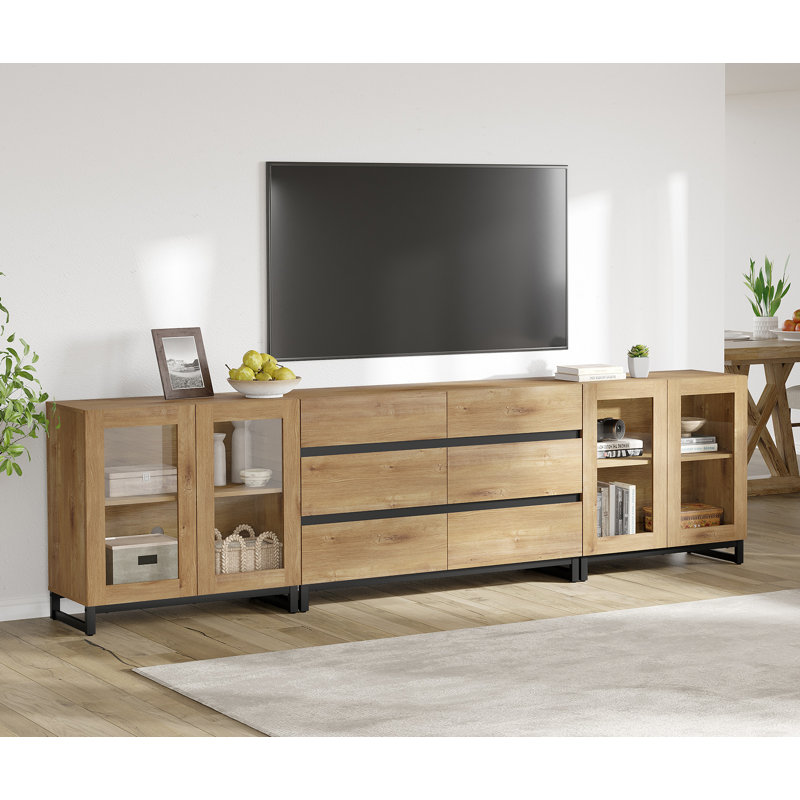 3 In 1 TV Stand For Tvs Up To 120 Inches, Modern TV Console With Glass Doors And 6 Drawers, Entertainment Center With Adjustable Shelf For Living Room, Bedroom