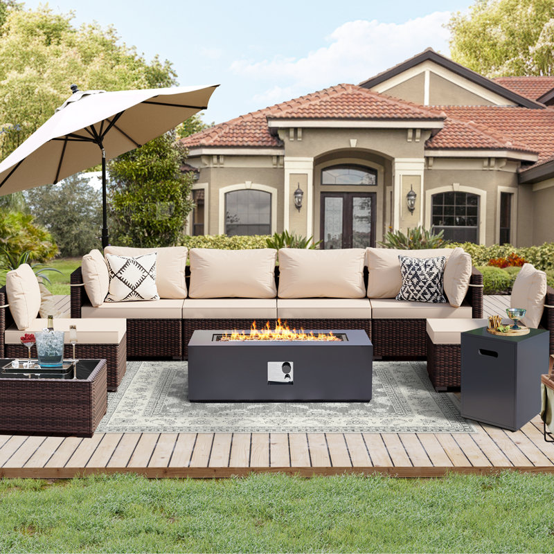 Ensemble de conversation 9 pièces pour terrasse en rotin avec foyer extérieur de 42 pouces et coussin de siège confortable