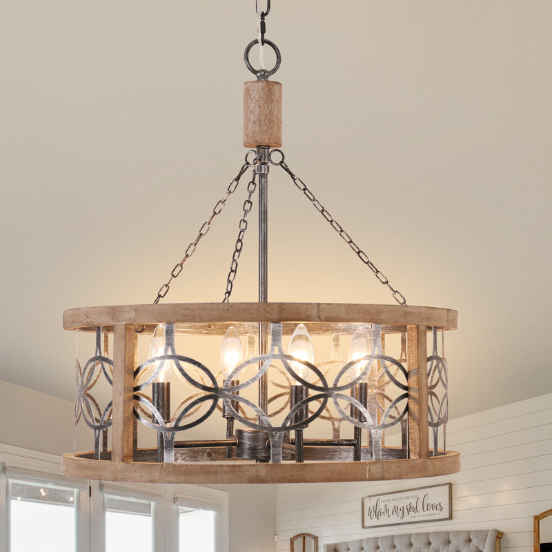 Ambrose 19.7" Solide Wood Drum Cgaed Chandelier for Kitchen Island, Weathered Wood