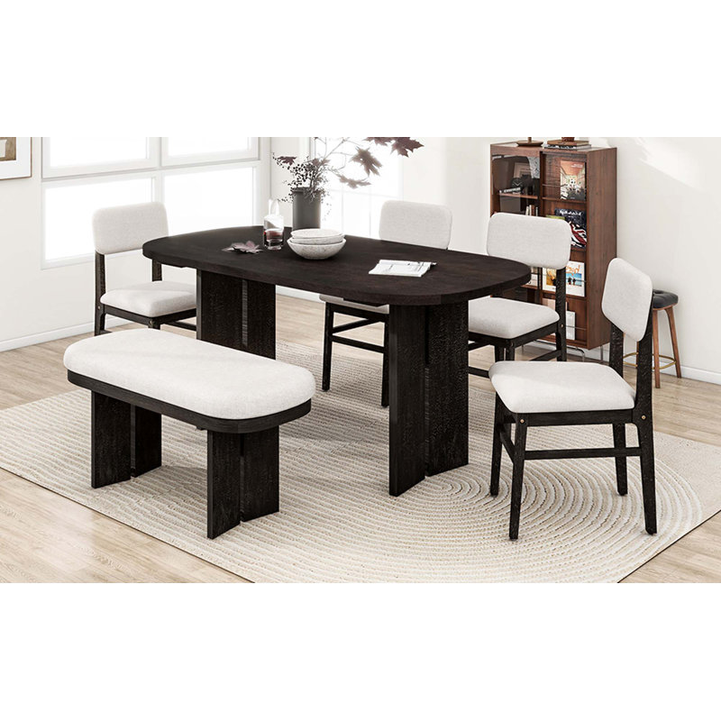 Ensemble de table de salle à manger en bois massif avec banc, ensemble de table de salle à manger rembourré 6 pièces avec banc, mobilier de cuisine de ferme moderne bicolore pour les réunions de famille