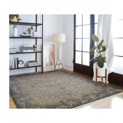 Black Hand-Knotted Wool Labyrinthine Border Geometric Modern Contemporary Carpet Rug