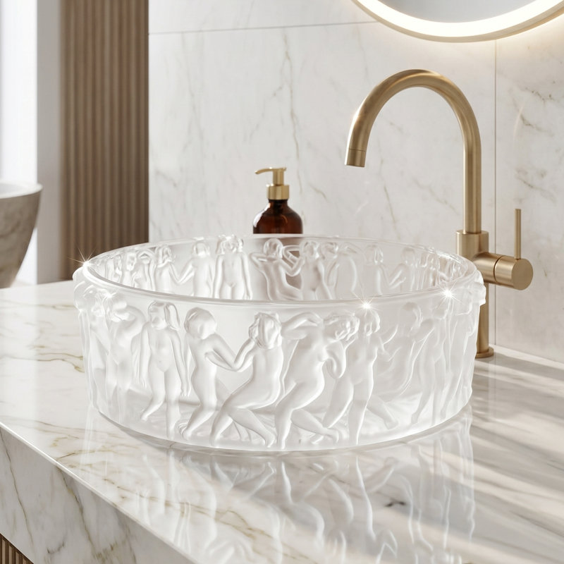 Olympus Series: vasque de salle de bain ronde en verre givré mat gravé à la main 16 po Olympus