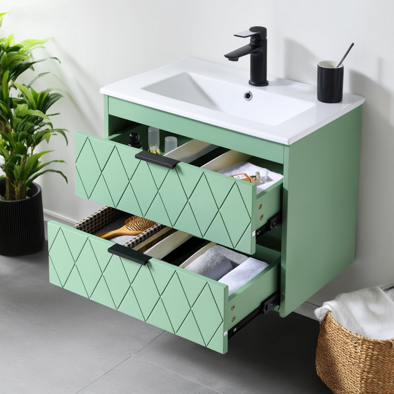 Meuble-lavabo mural vert olive 24 po avec lavabo en céramique