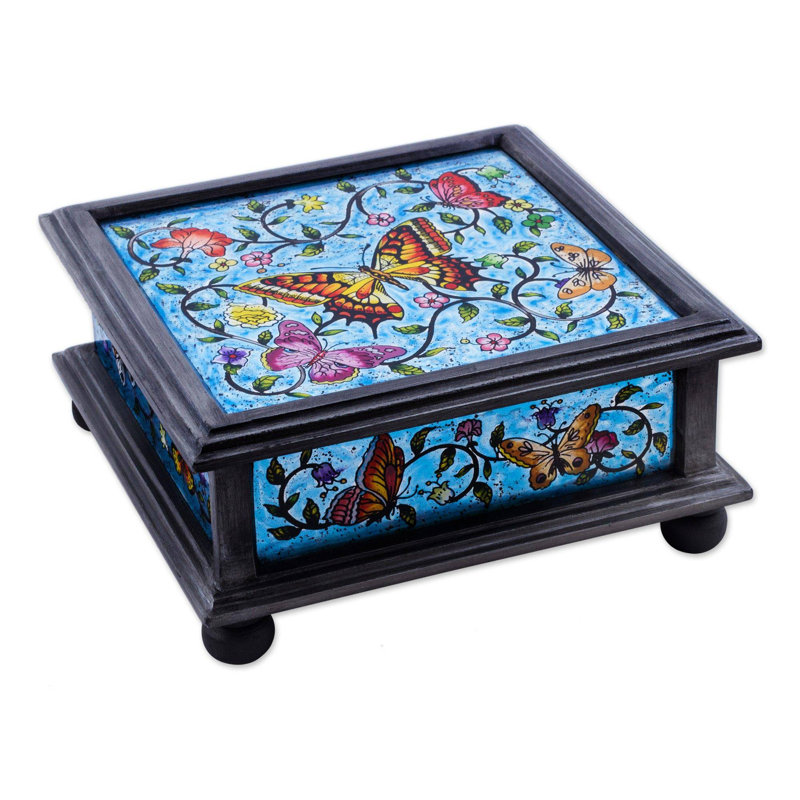Boîte décorative en verre revers en verre et papillon winter Yeats, Bleu