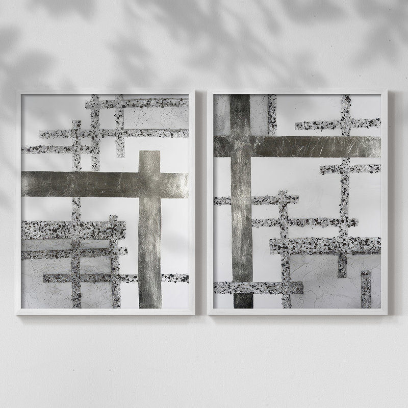 Terrazzo Grid I-Premium, reproduction encadrée prête à accrocher - aucun clou requis - aucun clou requis, Blanc