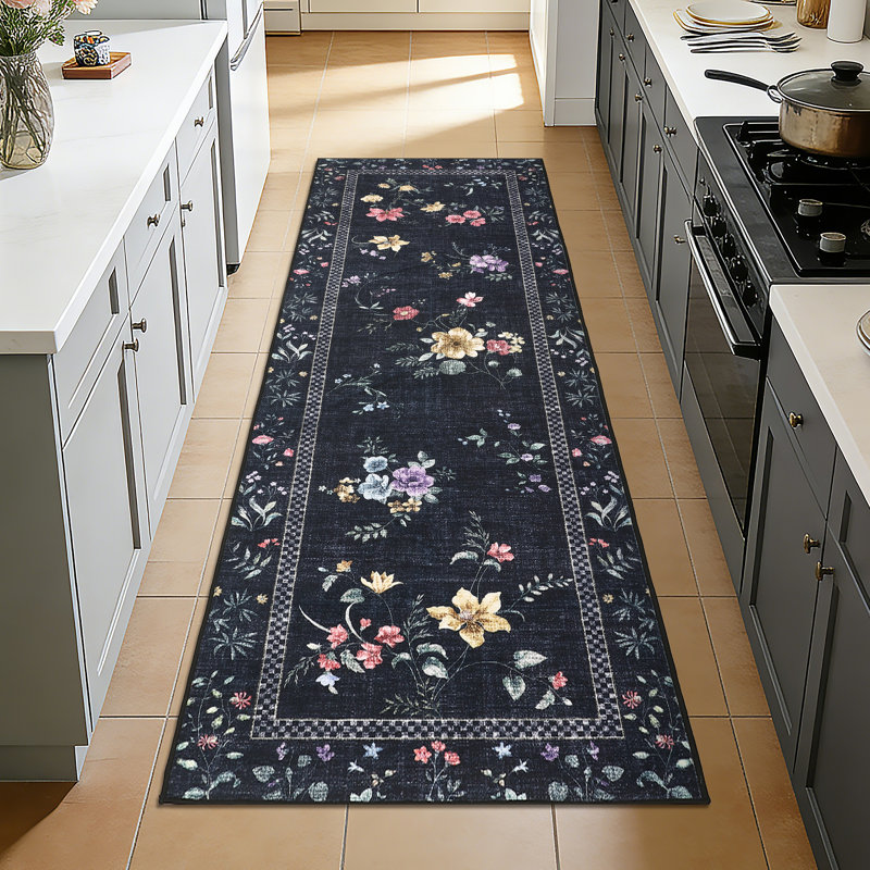 Floral Machine Washable Rug Bordered Design Non-Slip Low Pile Rubber Backing Area Rug for Living Room Bedroom Kitchen Dining Room