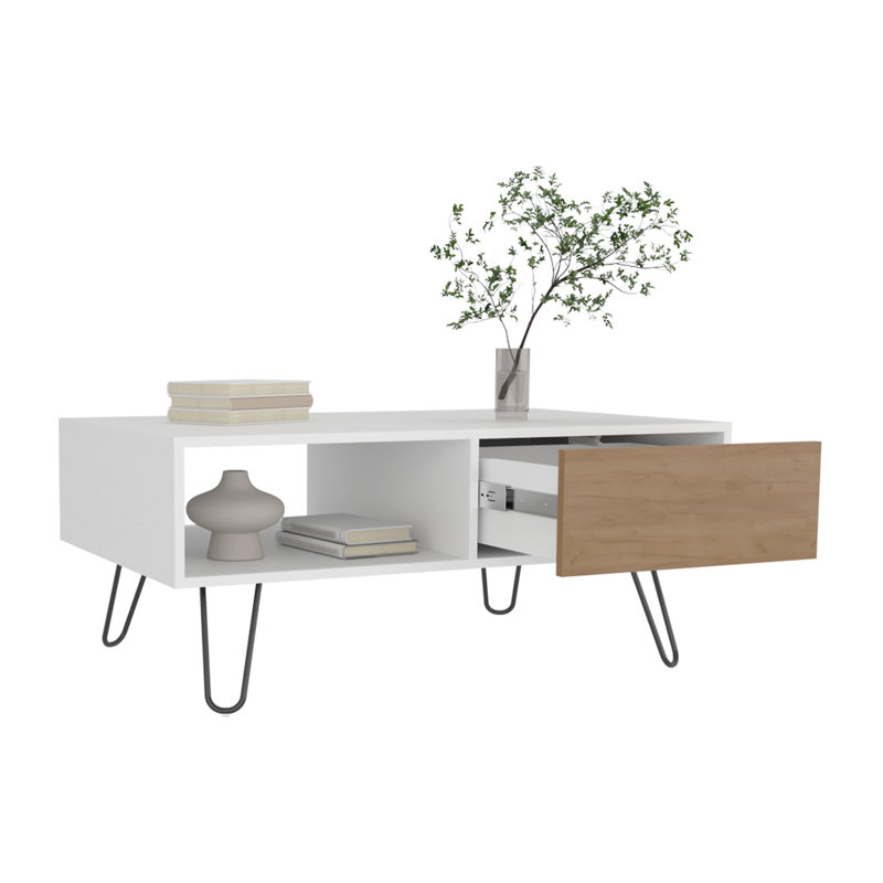 Tori 39" Wide Coffee Table With One Drawer, One Shelf, Rectangular, Living Room White - Natural Oak