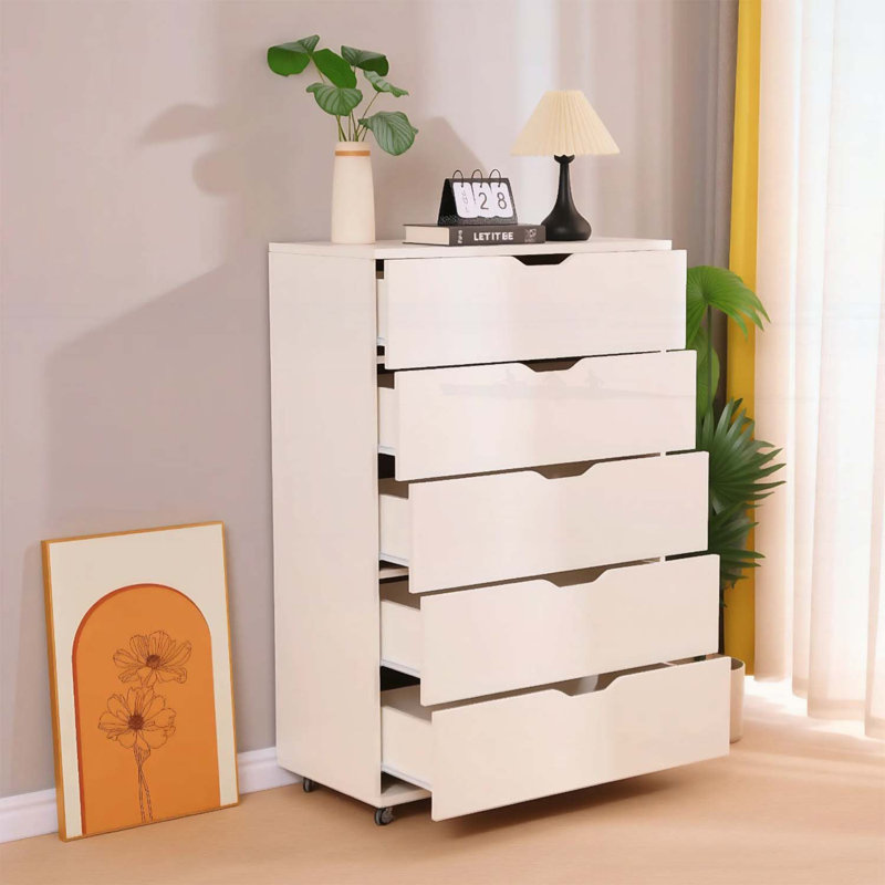5-Drawer Storage Cabinet with Wheels, White