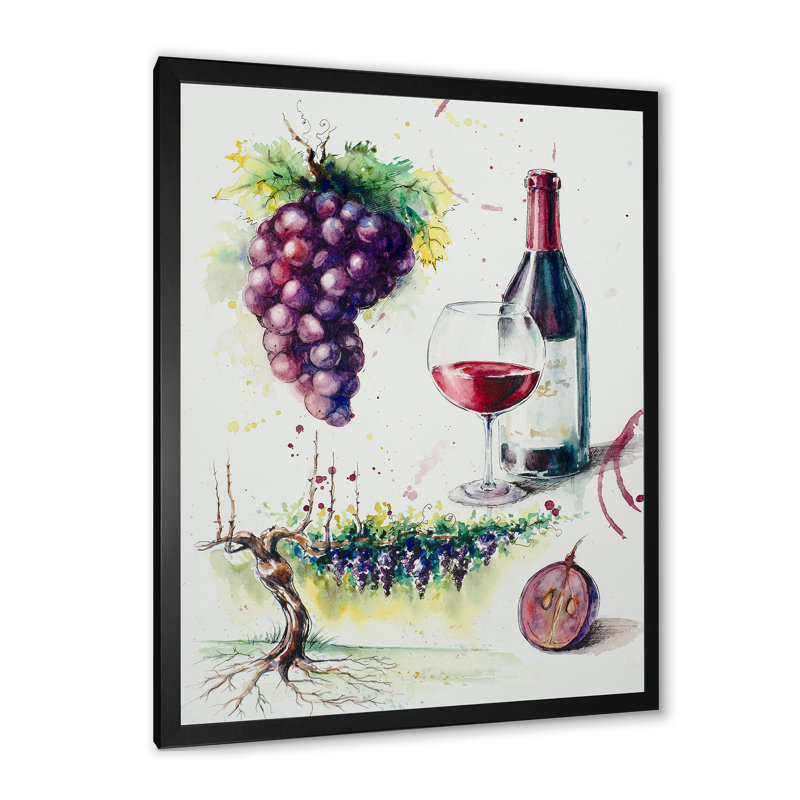 Raisins avec bouteille de vin - œuvre d'art sur toile traditionnelle, H 20 po x l 12 po x P 1 po, Toile avec cadre photo noir