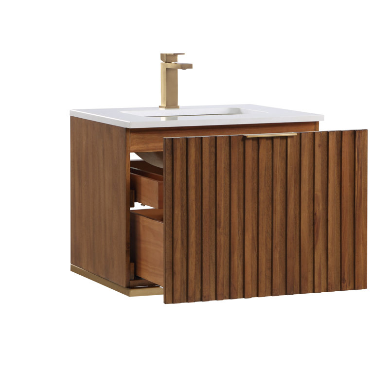 Terra 24'' Single Bathroom Vanity with Top, Satin Brass, Calacatta Quartz/Widespread Faucet Mount