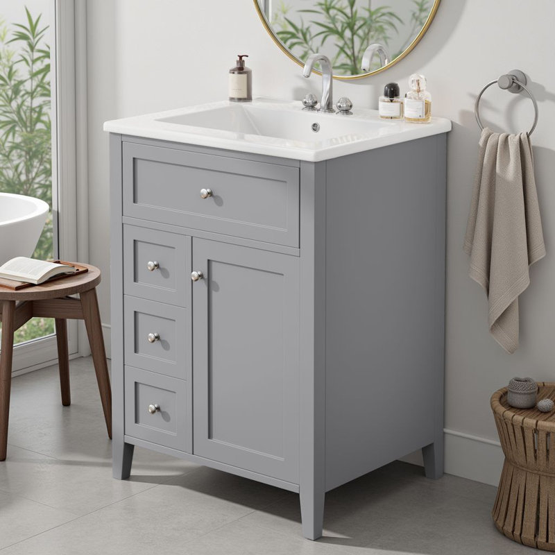 24" Freestanding Bathroom Vanity With Ceramic Sink & 1 Tip-Out Drawer & 3 Drawers And Cabinet With Adjustable Shelves, Gray