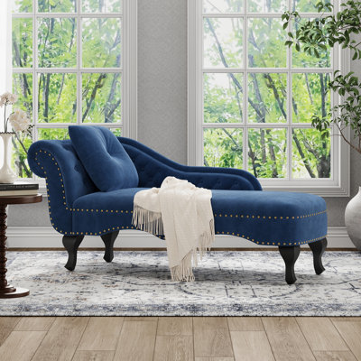 Aurielle Modern Neoclassical Velvet Chaise Lounge with Button Tufted Scrolled Backrest, Nailhead Trim, and Decorative Pillow
