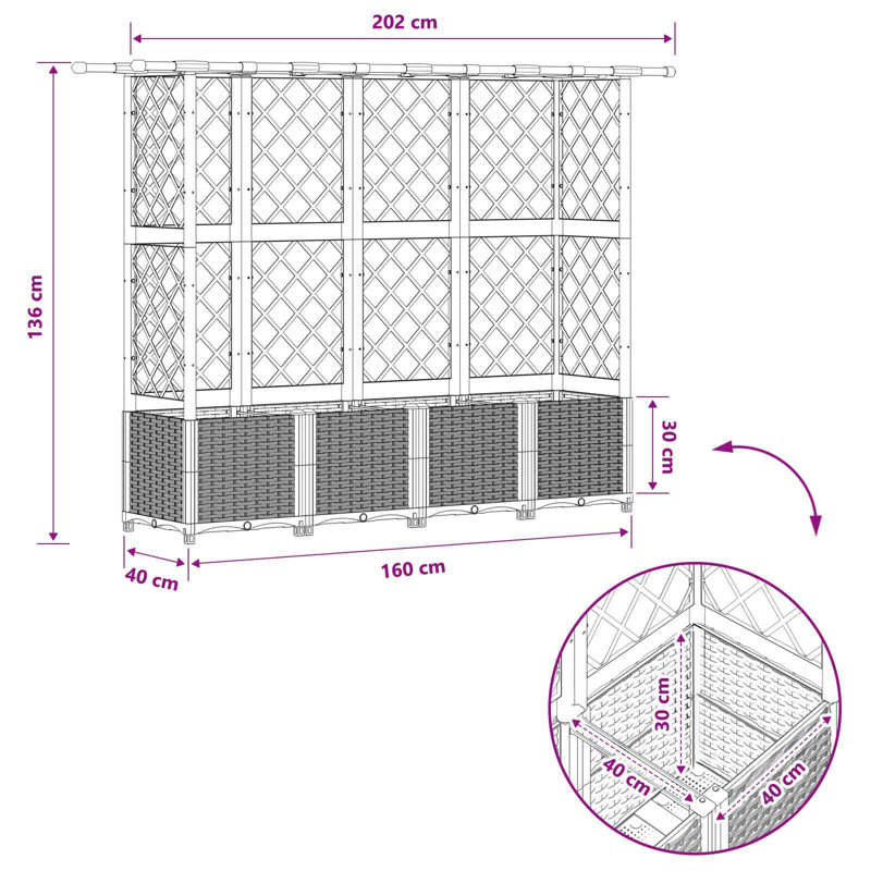 Raised Garden Bed, 136cm H x 202cm W x 40cm D, Light Grey