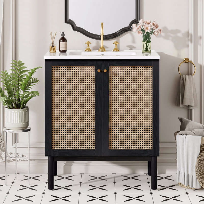 Meuble-lavabo de 30 po fabriqué à partir de matériaux naturels, avec des portes en rotin faites à la main et des mécanismes de fermeture en douceur