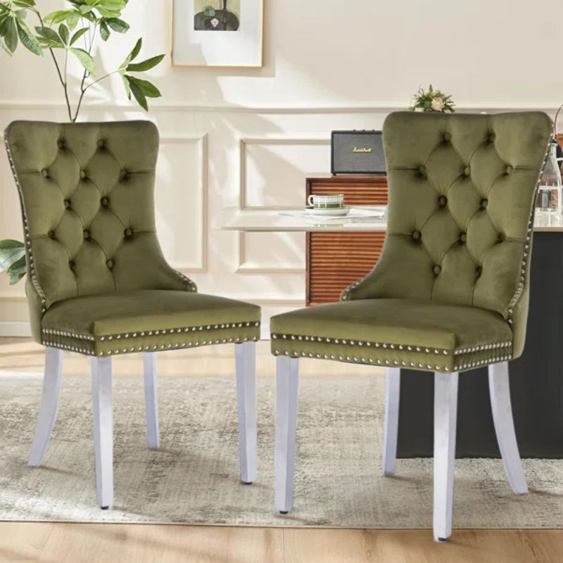 Chaise de salle à manger en velours avec anneau à dossier et pieds en bois massif, 2, Vert olive, Argent argent