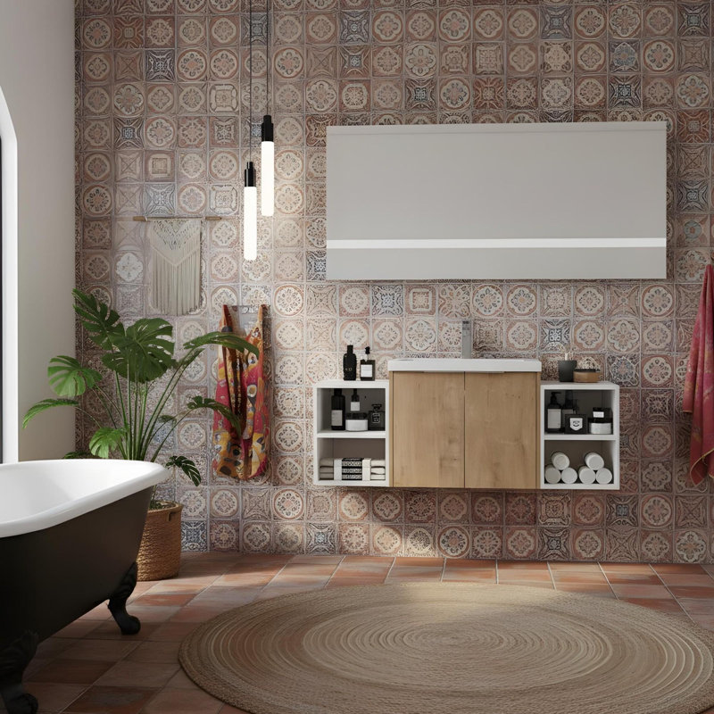 Meuble-lavabo de salle de bain avec lavabo et tablettes de rangement, Imitation chêne
