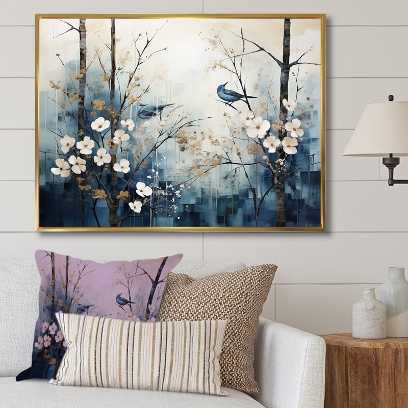 «Blue and White Forest Winter Harmony I», art mural sur toile, H 16 po x l 32 po x P 1 po, Cadre flottant doré