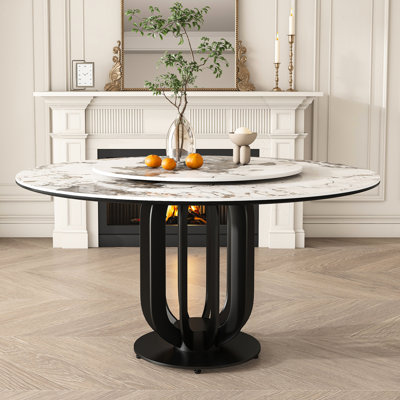 Table de salle à manger ronde de 53 po avec plateau en pierre frittée, structure en acier au carbone noir et surface paresseuse de 31,5 po de conception luxueuse pour les maisons modernes, base, pouvant accueillir 8 à 10 personnes