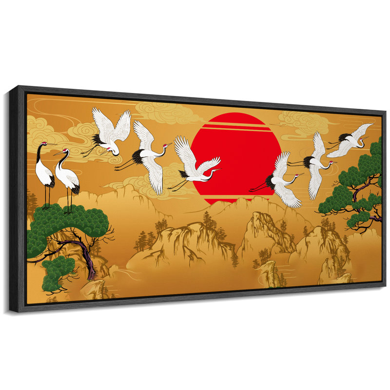 Crane, coucher de soleil, style japonais traditionnel, art moderne, H 30 po x l 60 po, Noir, noir, noir, noir