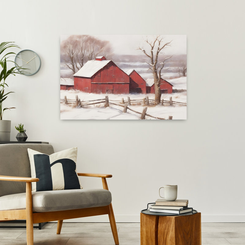 "Bundled Up Barns", art contemporain contemporain de paysage d'hiver, H 24 po x l 36 po