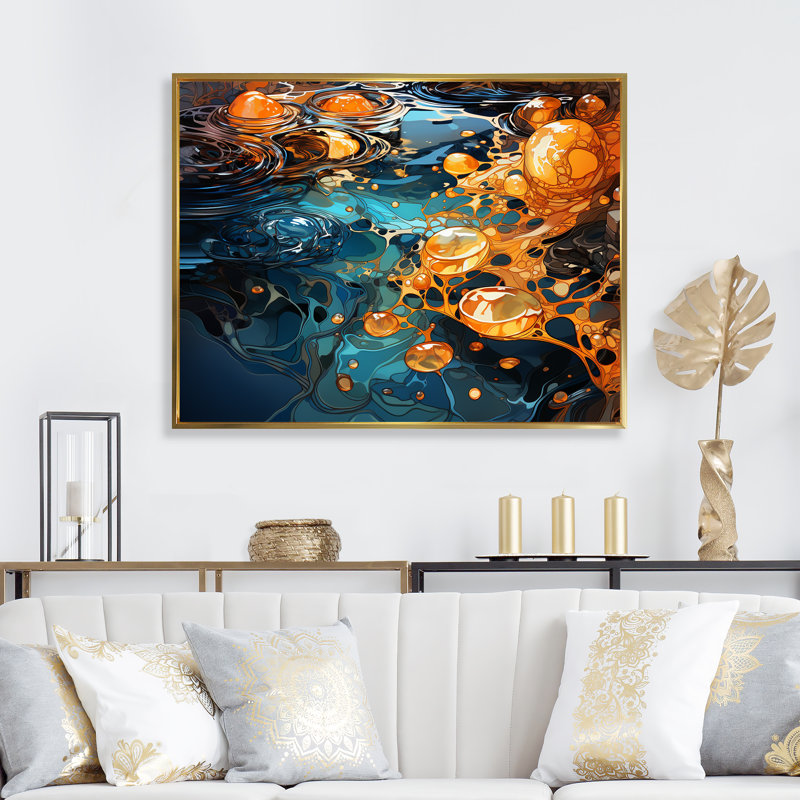 «Orange Orange and Blue River Serene Journey III», art mural abstrait à l'encre liquide, H 30 po x l 40 po x P 1,5 po
