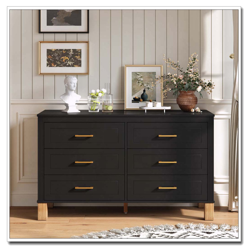 Commode 6 tiroirs moderne avec pieds en bois massif, Noir