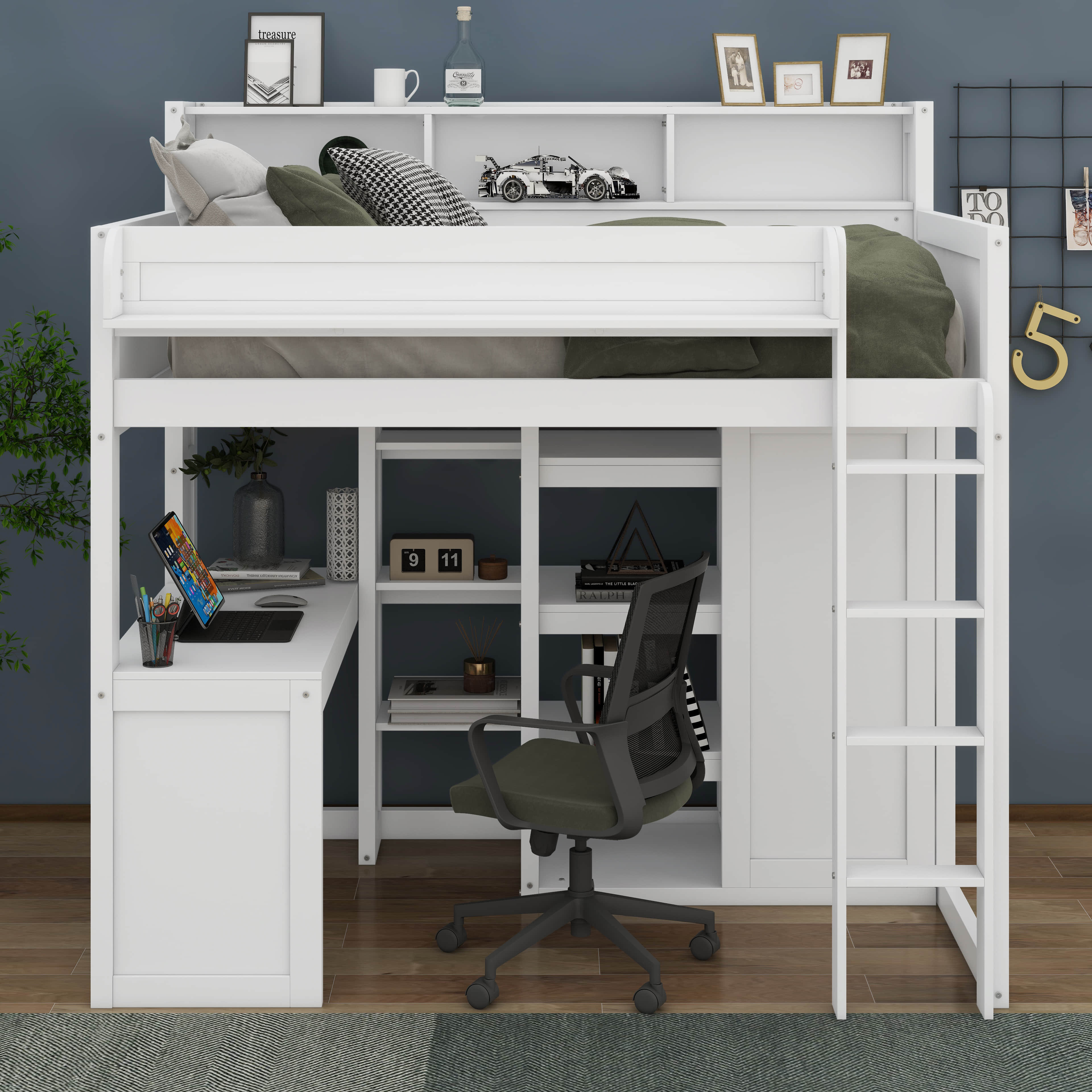 Harriet Bee Jakiera Wood Twin Size Loft Bed With Multiple Storage Shelves and Wardrobe Wayfair