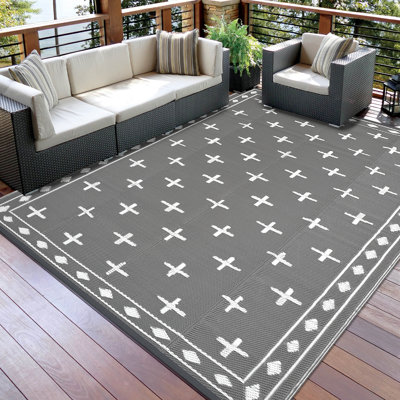 Tapis d'extérieur réversible imperméable 10 pi x 14 pi, tissage de paille en plastique, tapis de patio léger et facile à nettoyer pour terrasse, cour, camping ou véhicule récréatif, gris