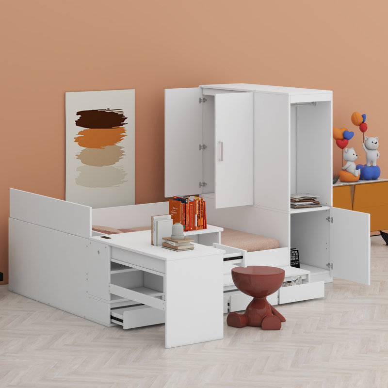 Lit plateforme en bois avec tiroirs, tablettes, bureau et garde-robe, Blanc