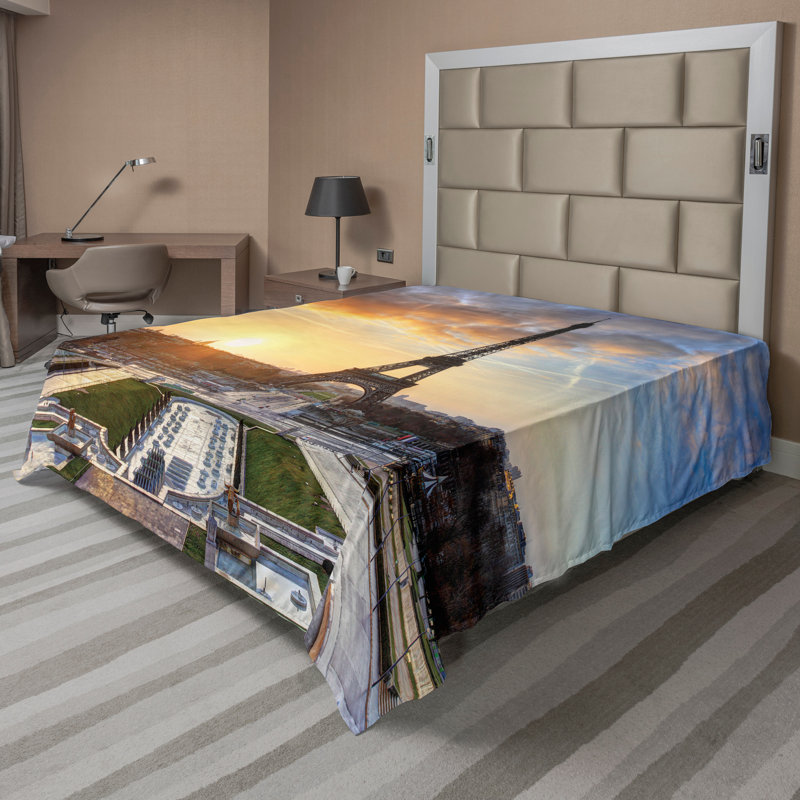 Ambesonne Eiffel Tower Top Flat Sheet Scenic View Paris Blue Yellow Coconut, CalKing Flat Sheet