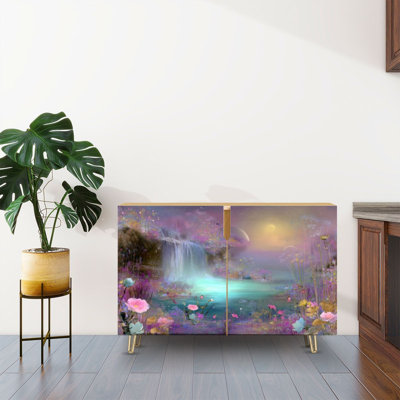 Buffet Buffet avec rangement Fantasy Cosmic Landscape Waterfall Glowing Flowers Ringed planète avec 2 portes pour le salon et la cuisine
