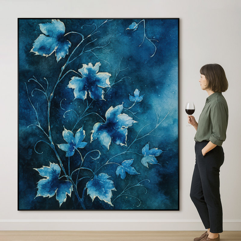 Très grande reproduction d'art sur tissu - Œuvre de vigne botanique florale bleue pour le salon ou la chambre à coucher - «Assemblage requis du cadre (cadre non fini)»