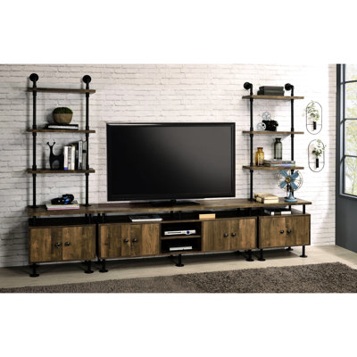Meuble télé rustique à 2 tablettes avec décorations en métal et rangement pour téléviseur industriel de 60 po en chêne noir