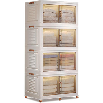 Plastic Storage Bins With Lids, 4 Tier Foldable Collapsible Storage Cabinet With Magnetic Doors & Wheels, Folding Storage Boxes, Stackable Storage Bin -  Rebrilliant, 18E749B40B244A489A8F13BF78A3A931