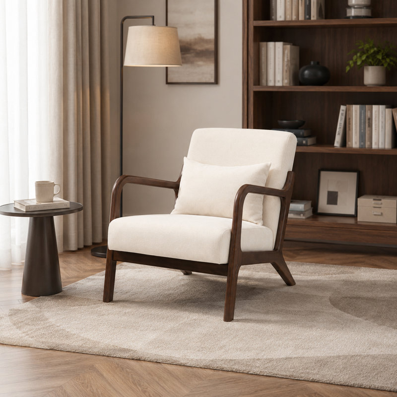 Fauteuil d'appoint Mid Century, Blanc antique et lin en coton, Noyer foncé