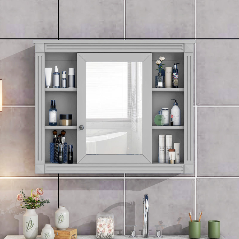 Armoire de rangement de salle de bain murale, armoire à pharmacie, armoire de salle de bain moderne avec miroir, Gris