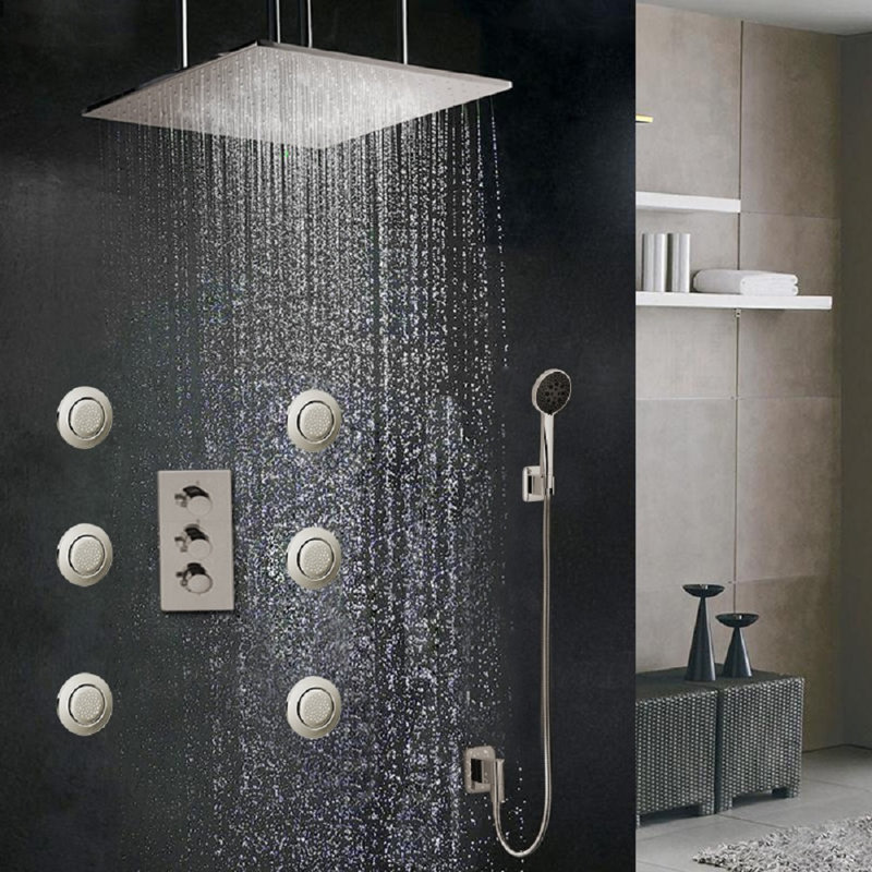 FontanaShowers Sofia Large Ceiling Rain Shower Head Set With Shower Body Sprays and Hand Shower, 5.6" H x 31" W