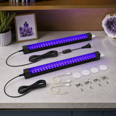 2-Pack Linkable 365NM UV Blacklight Bars, 15W, 1FT, with ON/OFF Switch | LED Strip Lights for Uranium Glass, Minerals, Rock Displays, Cabinets, Glow Parties and Halloween