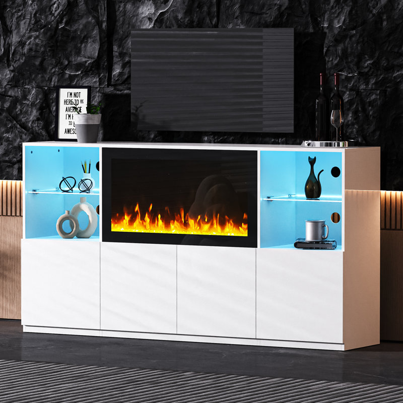 Meuble télé pour téléviseur de 75 po ou moins avec foyer électrique Gwinevere, Blanc