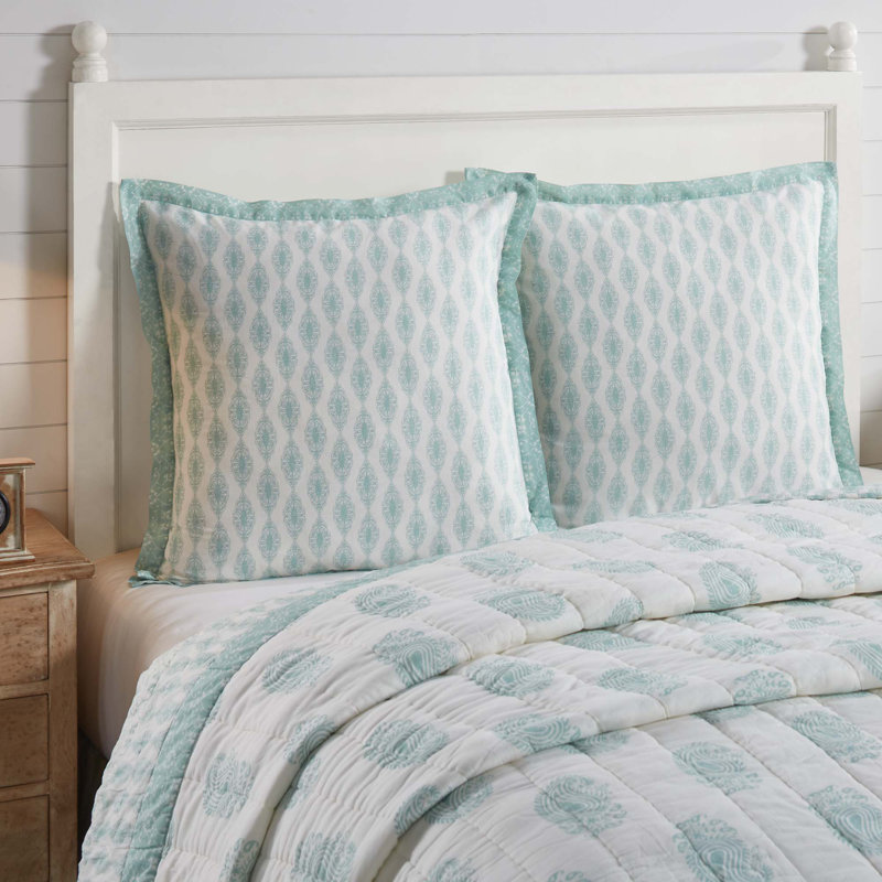 Avani Cotton Blend Paisley Sham Set, Sea Glass/Fresh White, Euro