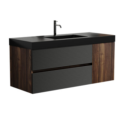 Meuble-lavabo mural moderne avec design noyer 48 po, lavabo noir mat, tiroirs silencieux, matériaux de qualité E1, comptoir flottant à bord haut 48 po, couleur, lavabo, panneau, lavabo profond 4,7 po