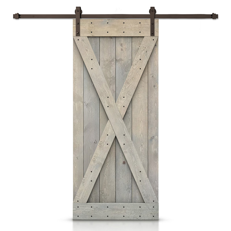 Porte de grange à panneaux et en bois avec quincaillerie d'installation, 32 po x 84 po, Gris fumée, Bronze huilé