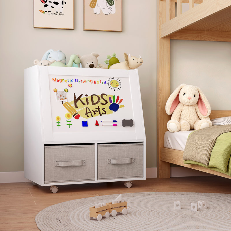 Rangement pour jouets H 25,2 po avec planche à dessin magnétique, rangement pour animaux en peluche avec chevalet, rangement pour jouets avec 2 bacs en tissu et roulettes pivotantes à 360 °, blanc